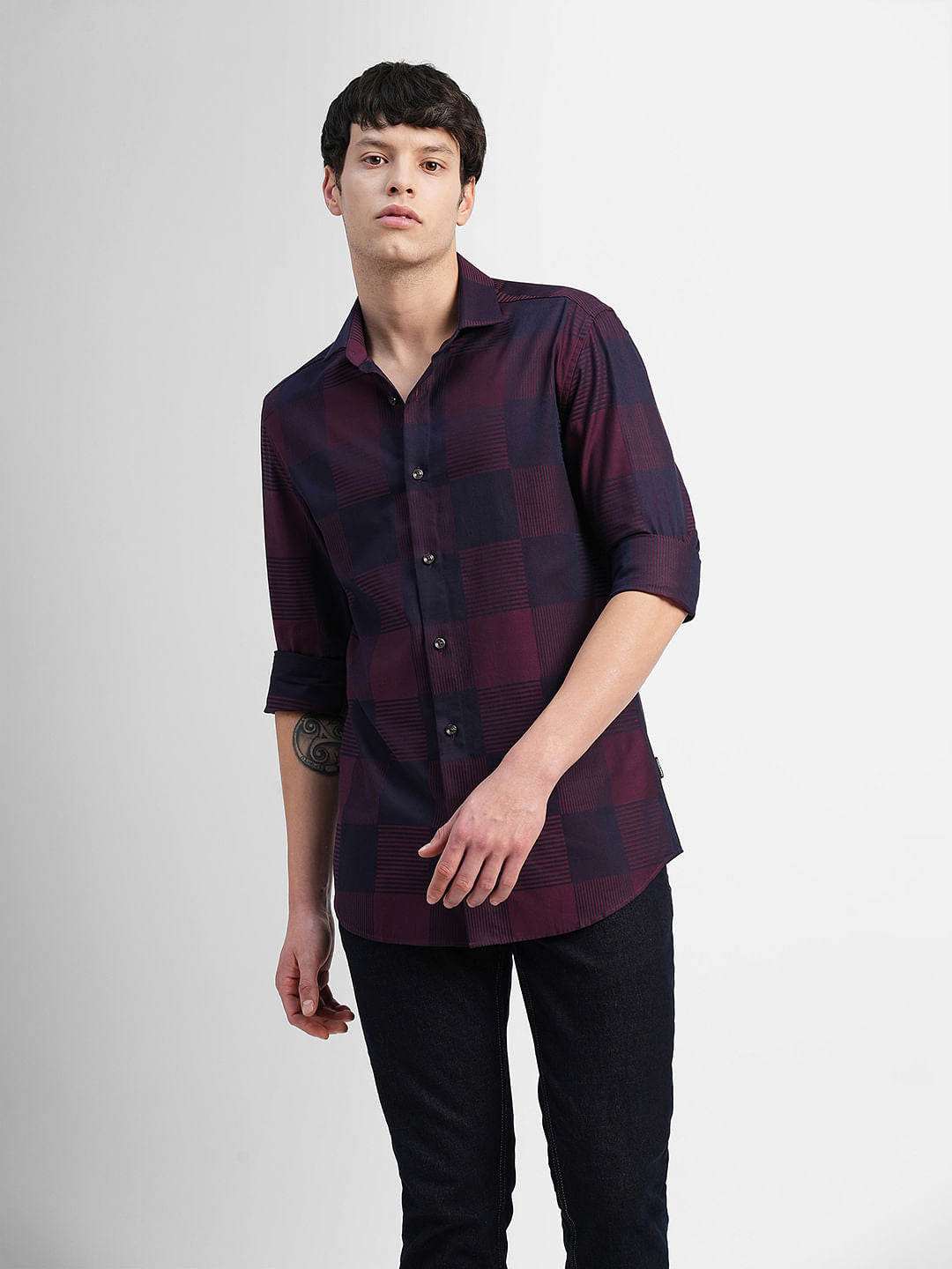 Maroon Check Print Full Sleeves Shirt