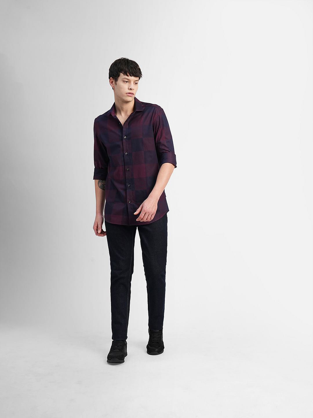 Maroon Check Print Full Sleeves Shirt