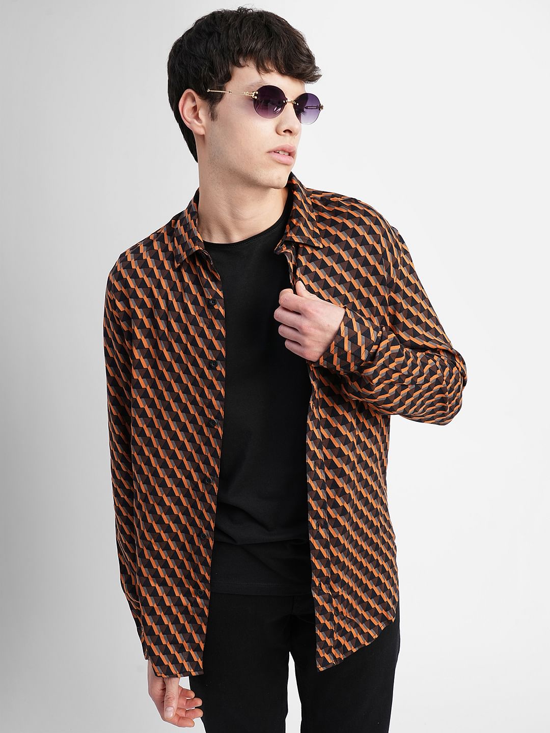 Orange Printed Full Sleeves Shirt - S