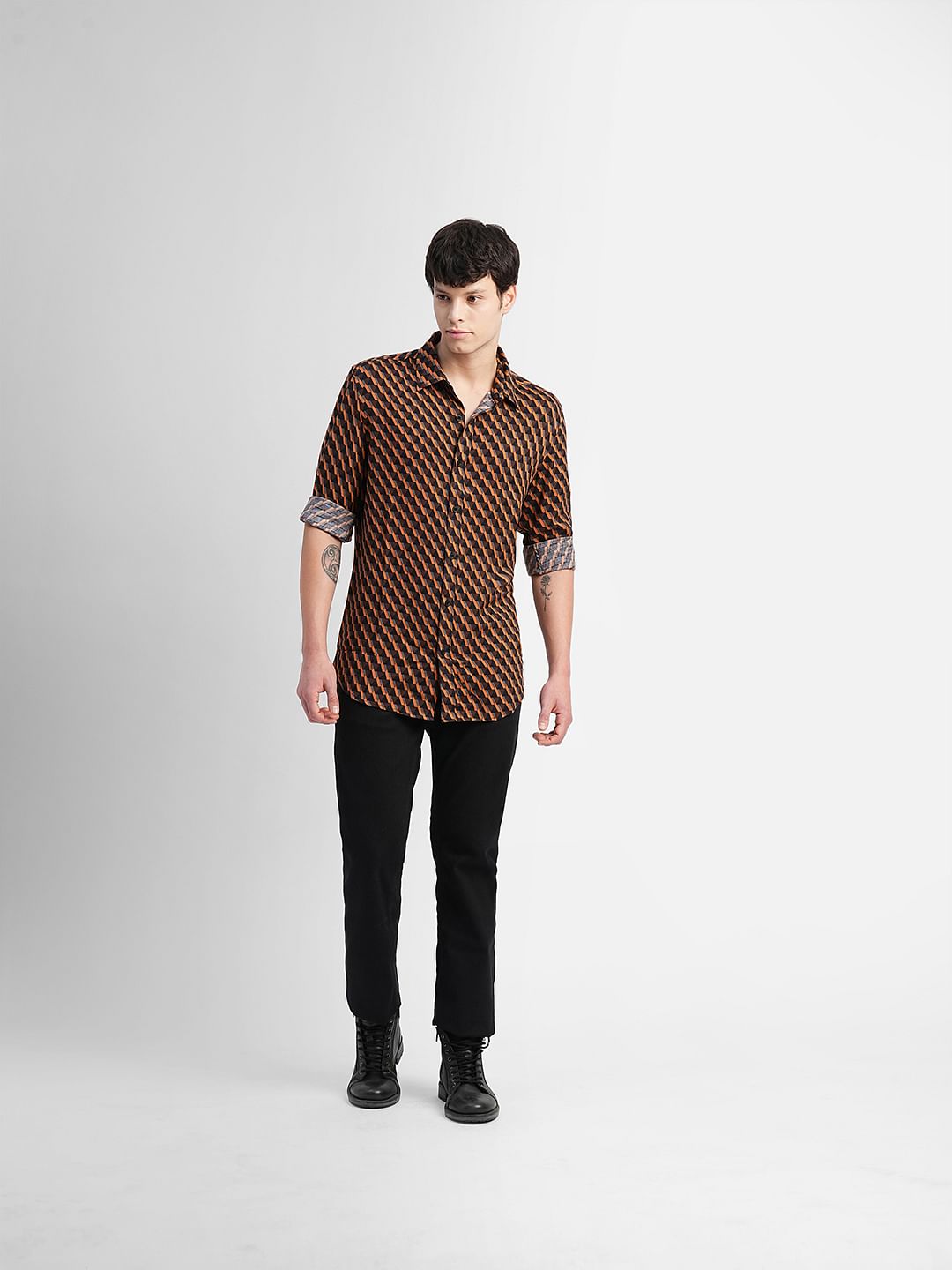 Orange Printed Full Sleeves Shirt