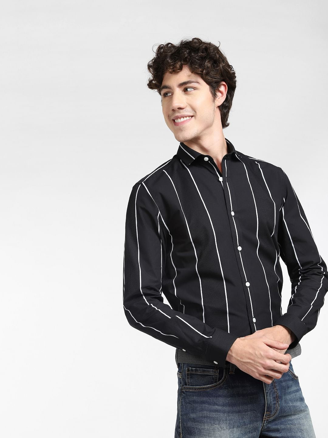 Black Striped Full Sleeves Shirt - S