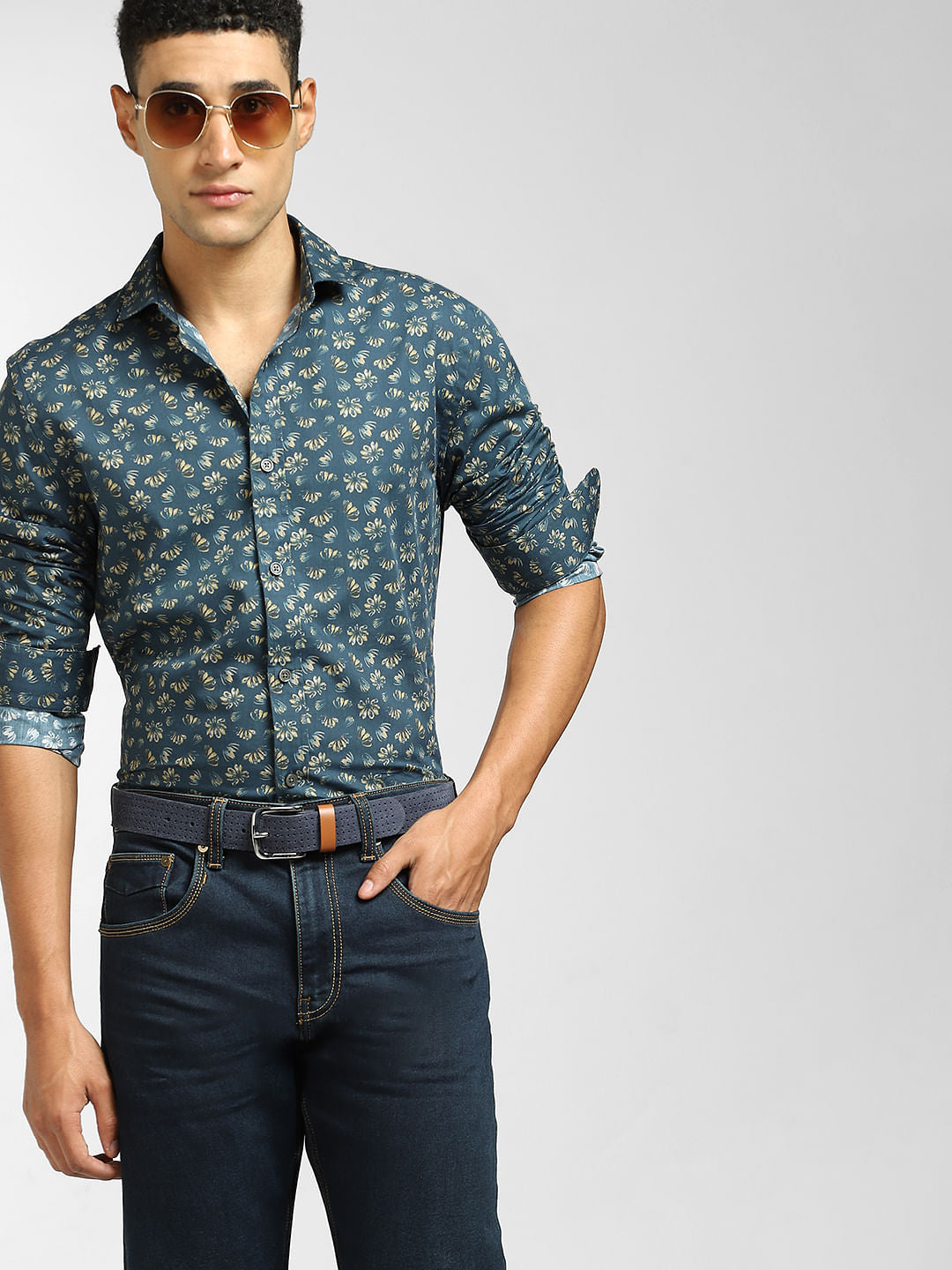 Green Floral Print Full Sleeves Shirt - S