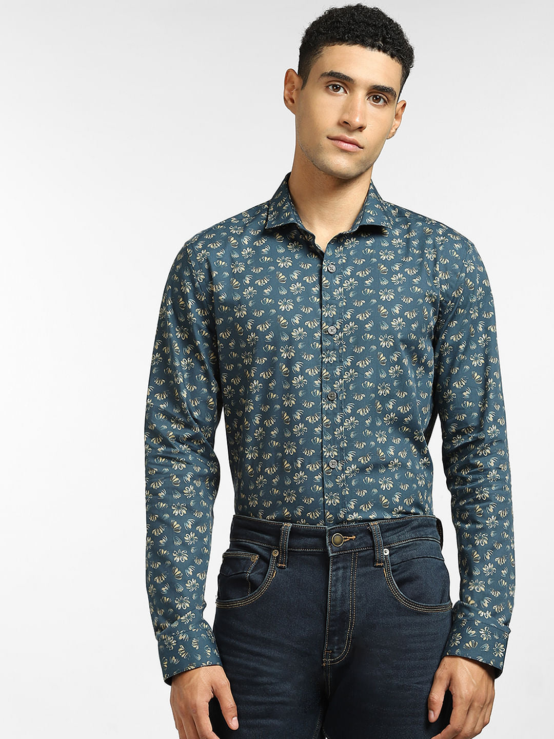 Green Floral Print Full Sleeves Shirt