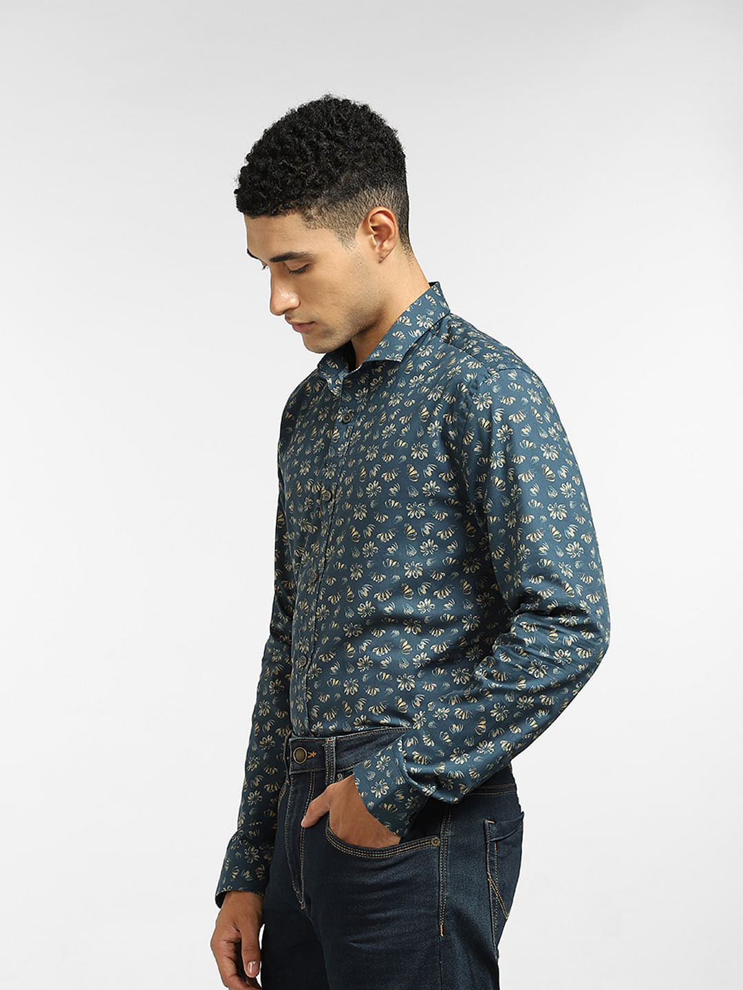 Green Floral Print Full Sleeves Shirt