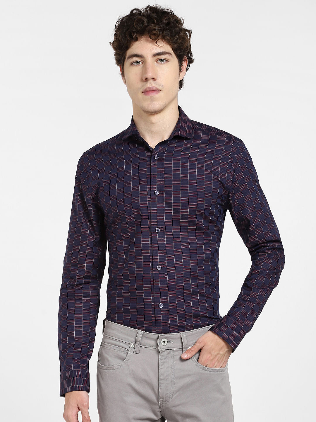 Purple Check Print Full Sleeves Shirt