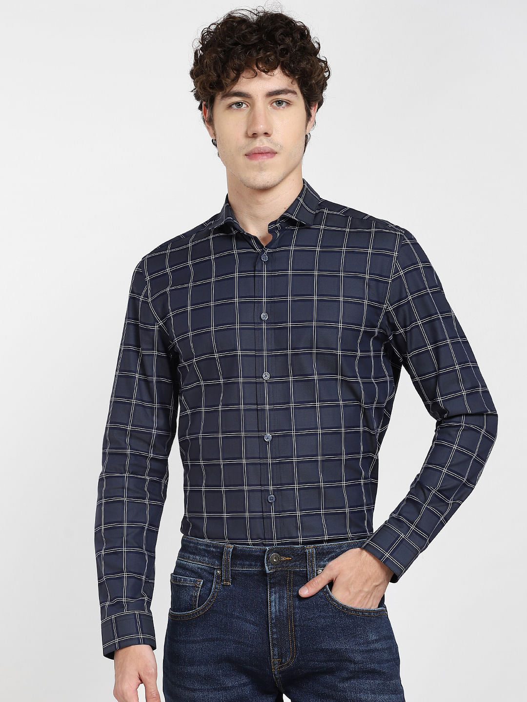 Dark Blue Check Full Sleeves Shirt