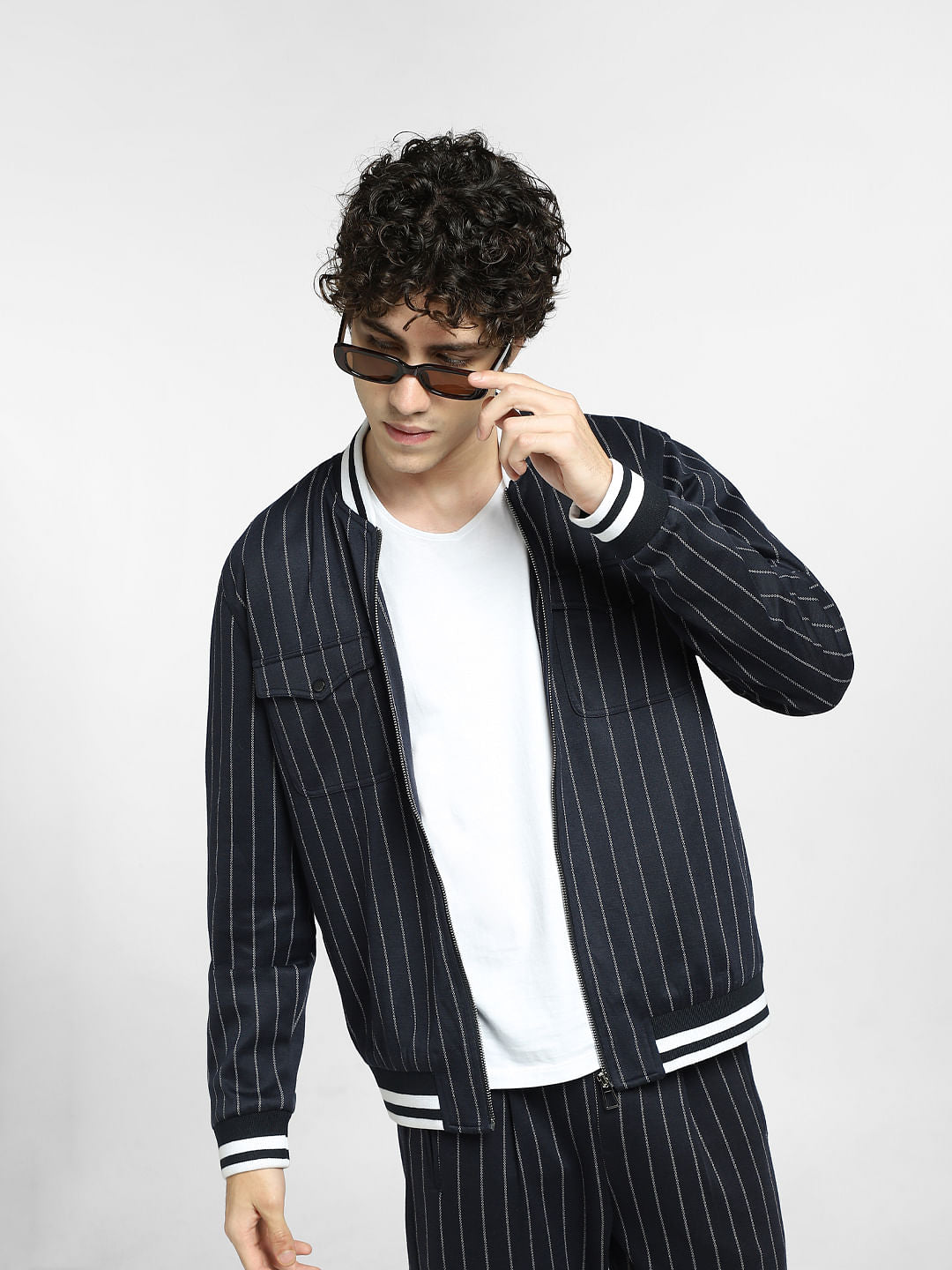 Navy Blue Striped Co-ord Bomber Jacket - S