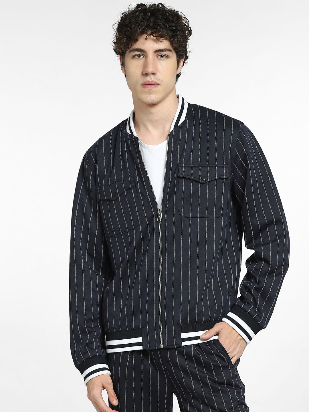 Navy Blue Striped Co-ord Bomber Jacket