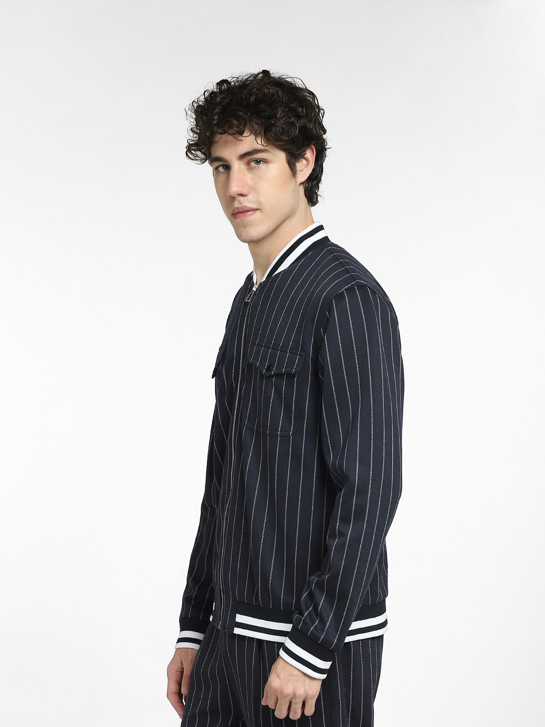 Navy Blue Striped Co-ord Bomber Jacket