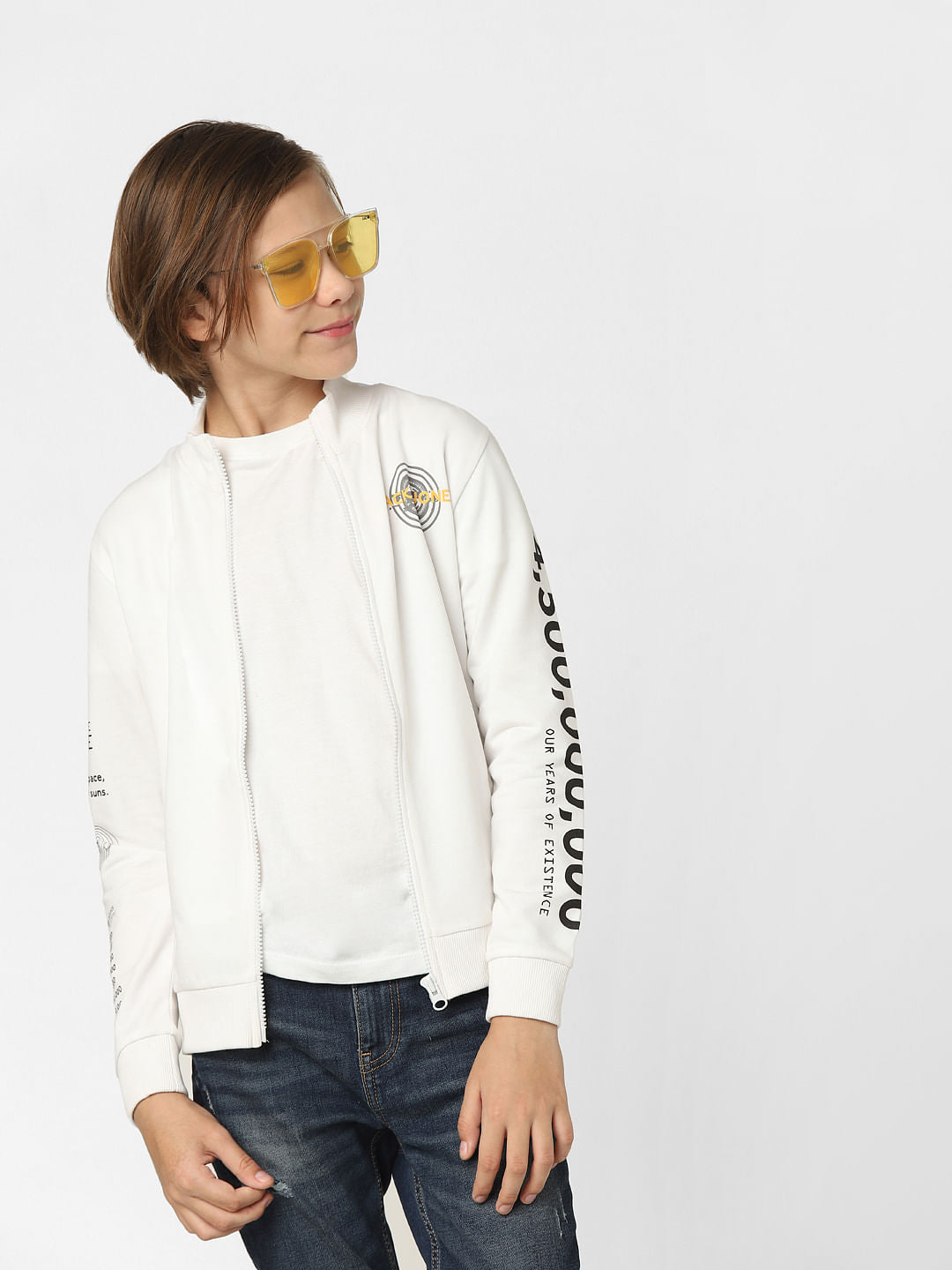 Boys White Printed Zip-Up Sweatshirt - 9/10Y