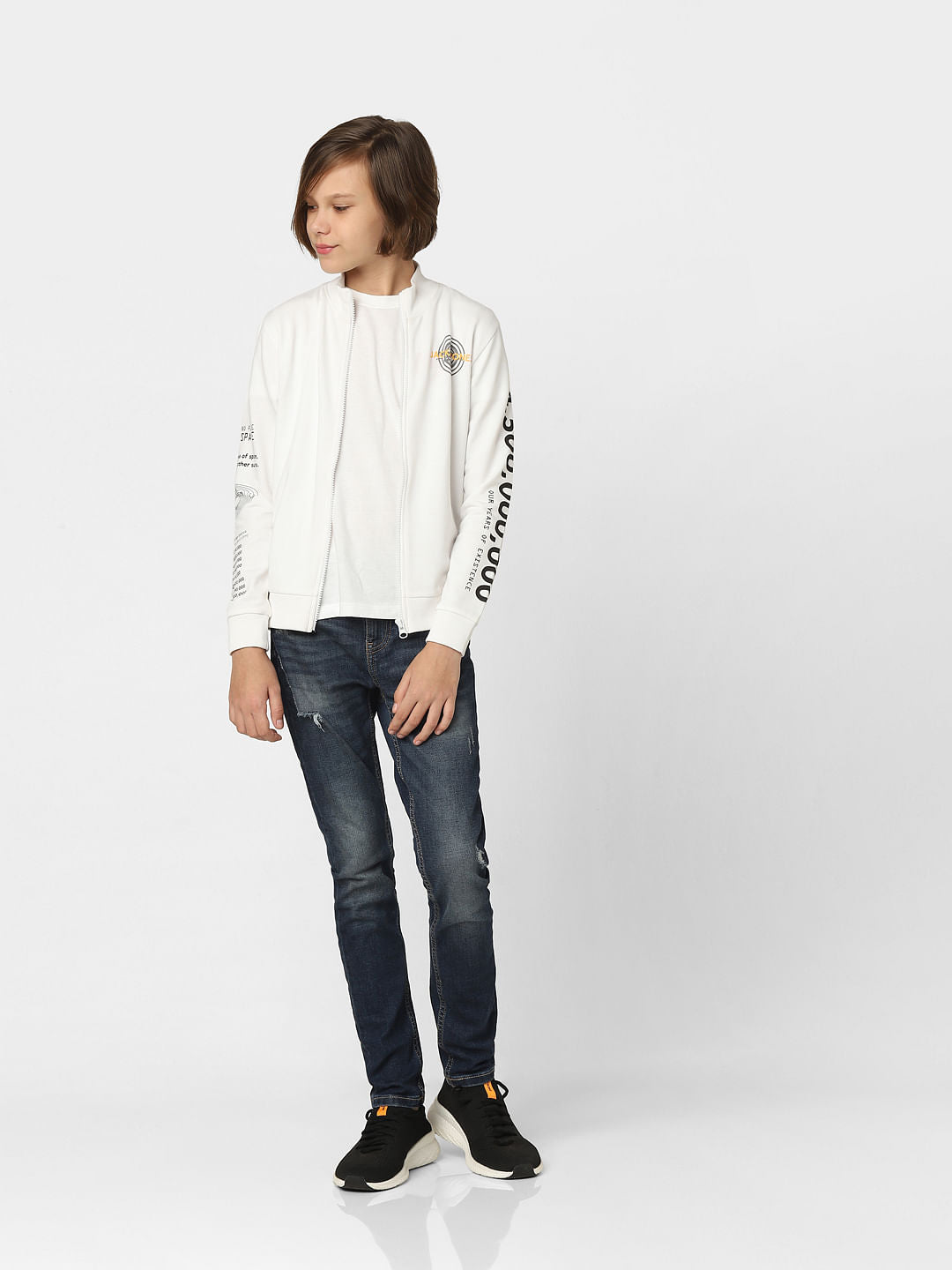 Boys White Printed Zip-Up Sweatshirt