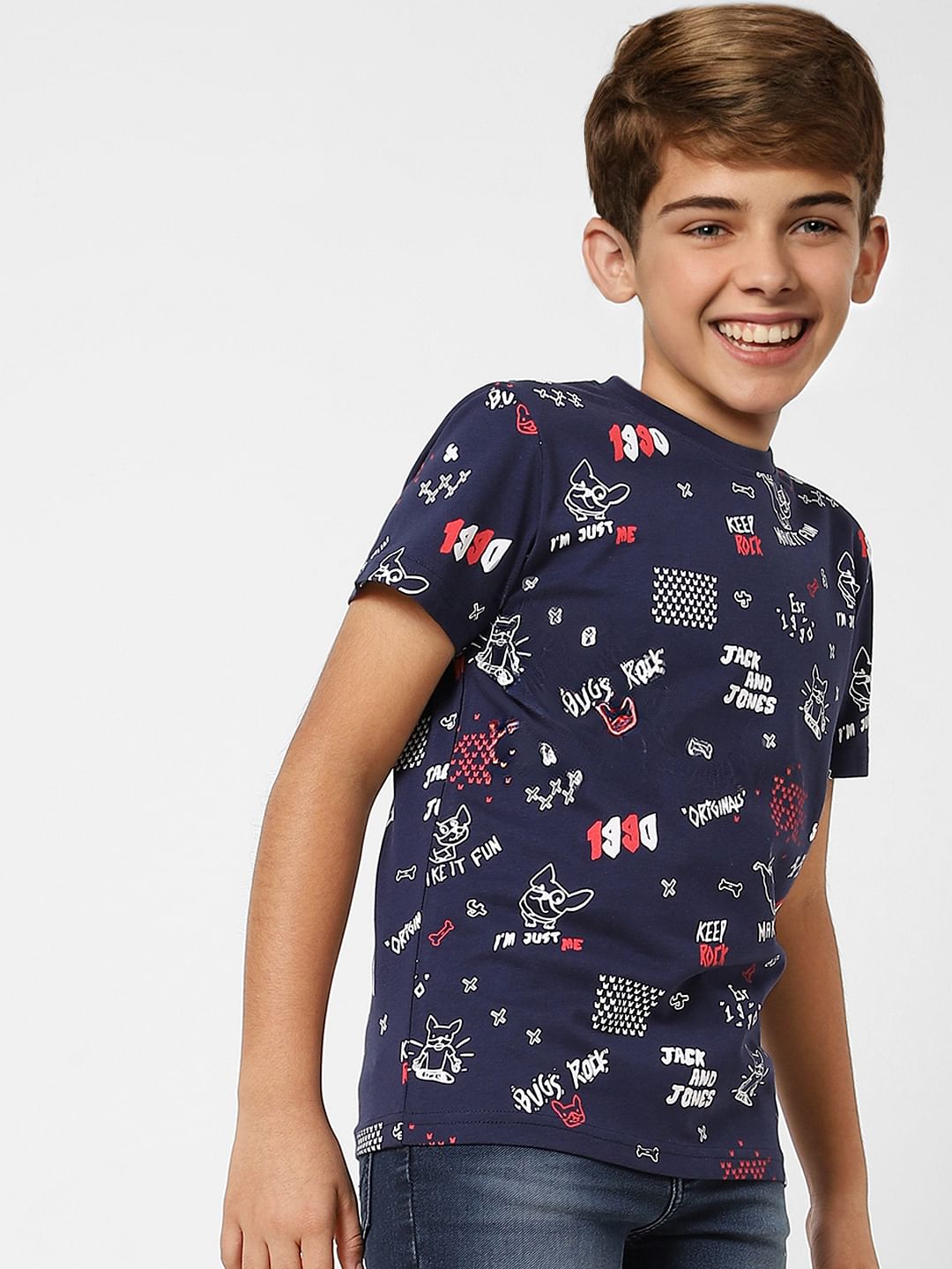 Boys Blue Printed Crew Neck T-shirt