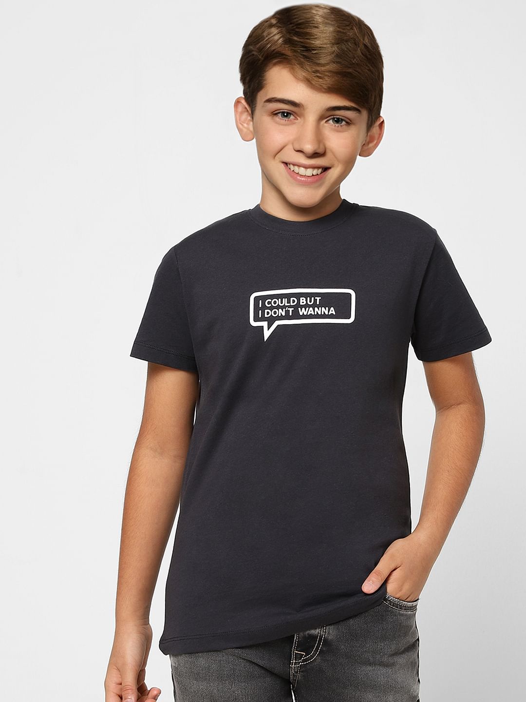 Boys Black Slogan Print Crew Neck T-shirt