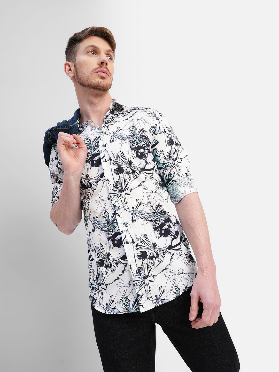 White Floral Full Sleeves Shirt - S