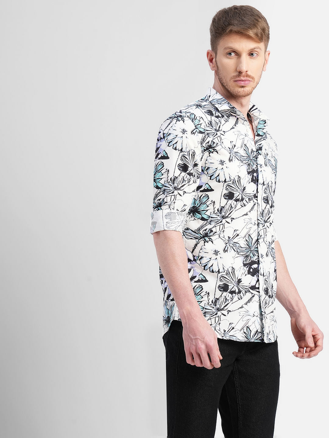 White Floral Full Sleeves Shirt