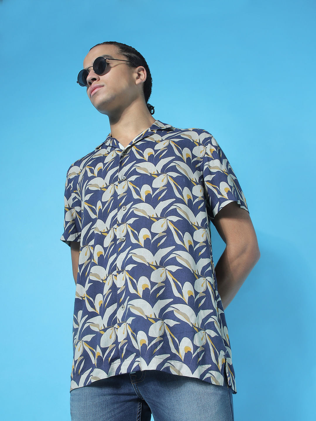 Dark Blue Printed Short Sleeves Shirt - XS