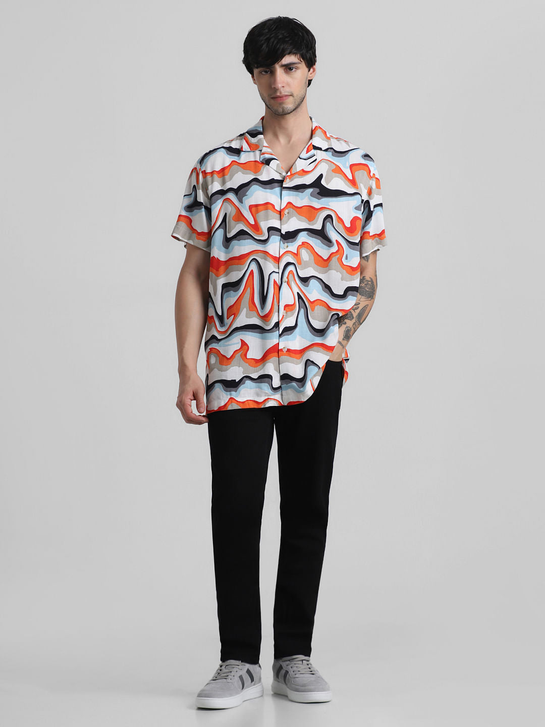 Orange Printed Short Sleeves Shirt