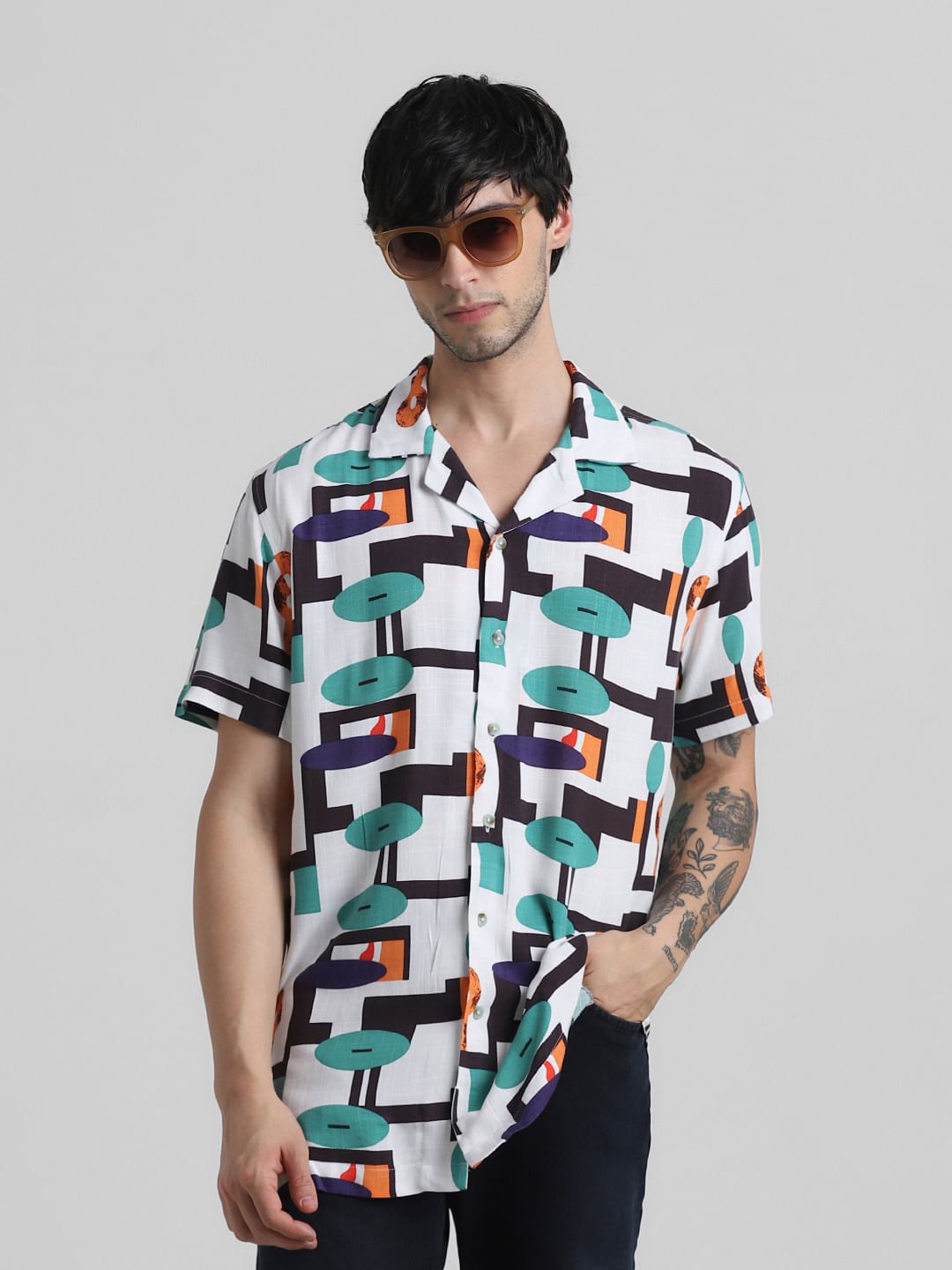 Green Printed Short Sleeves Shirt - S