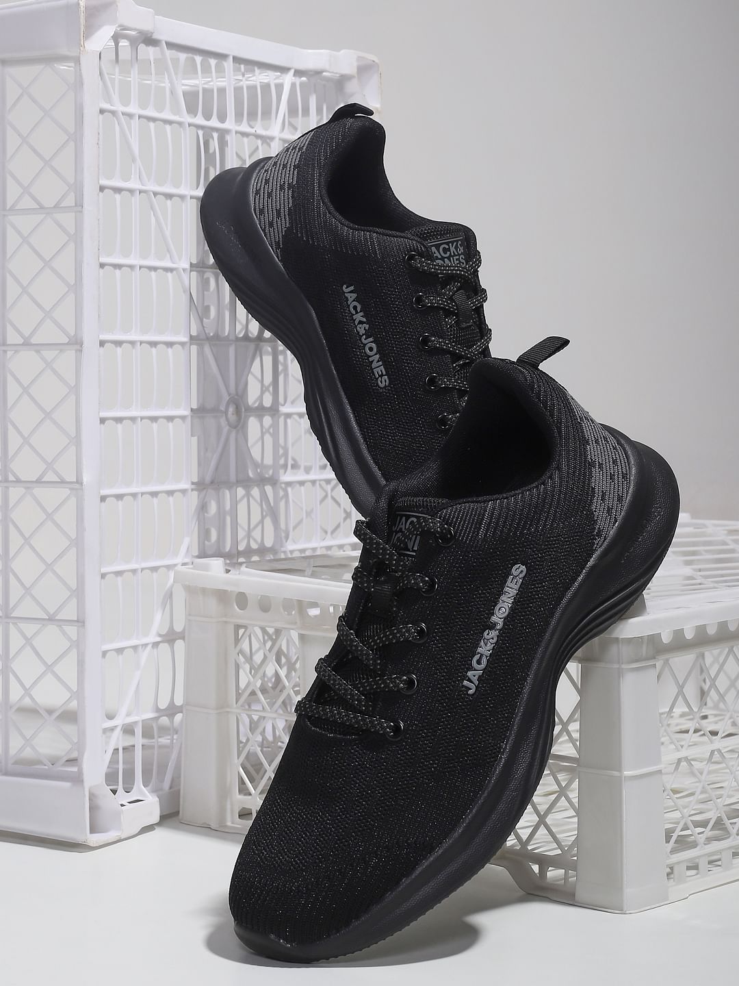 Black Mesh Logo Print Sneakers