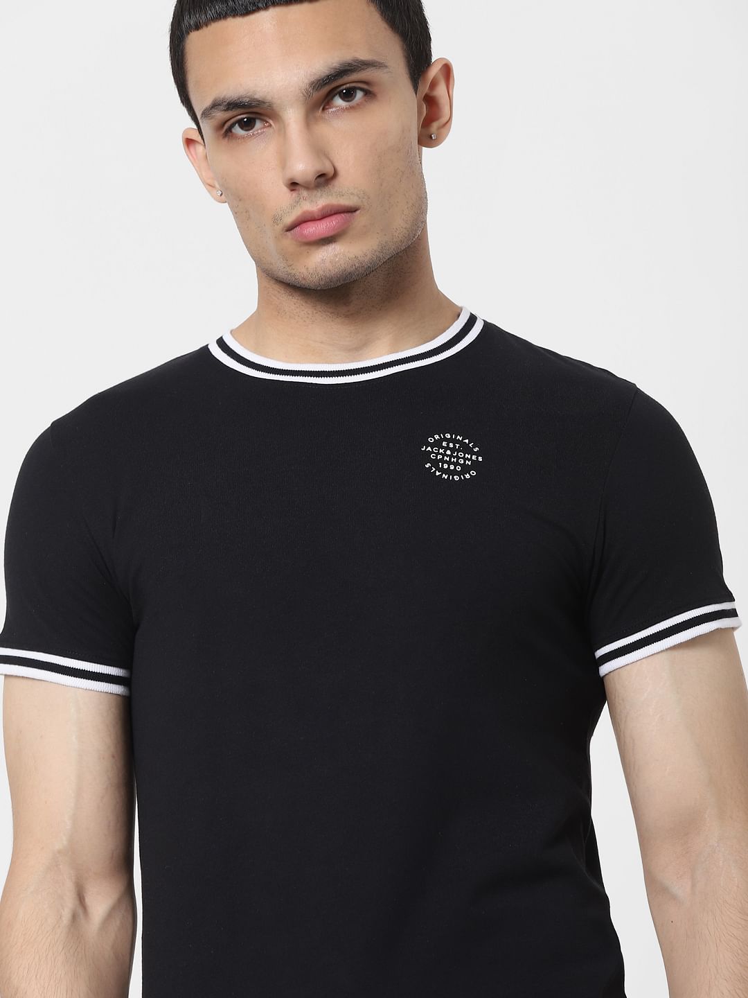 Black Contrast Tipping Crew Neck T-shirt - S