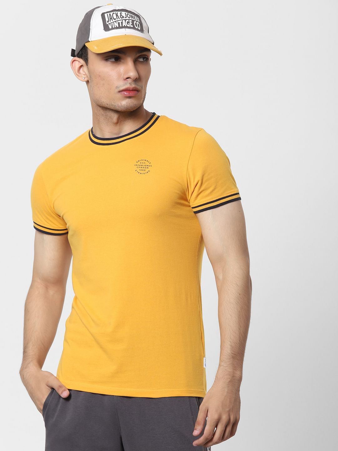 Yellow Contrast Tipping Crew Neck T-shirt - S