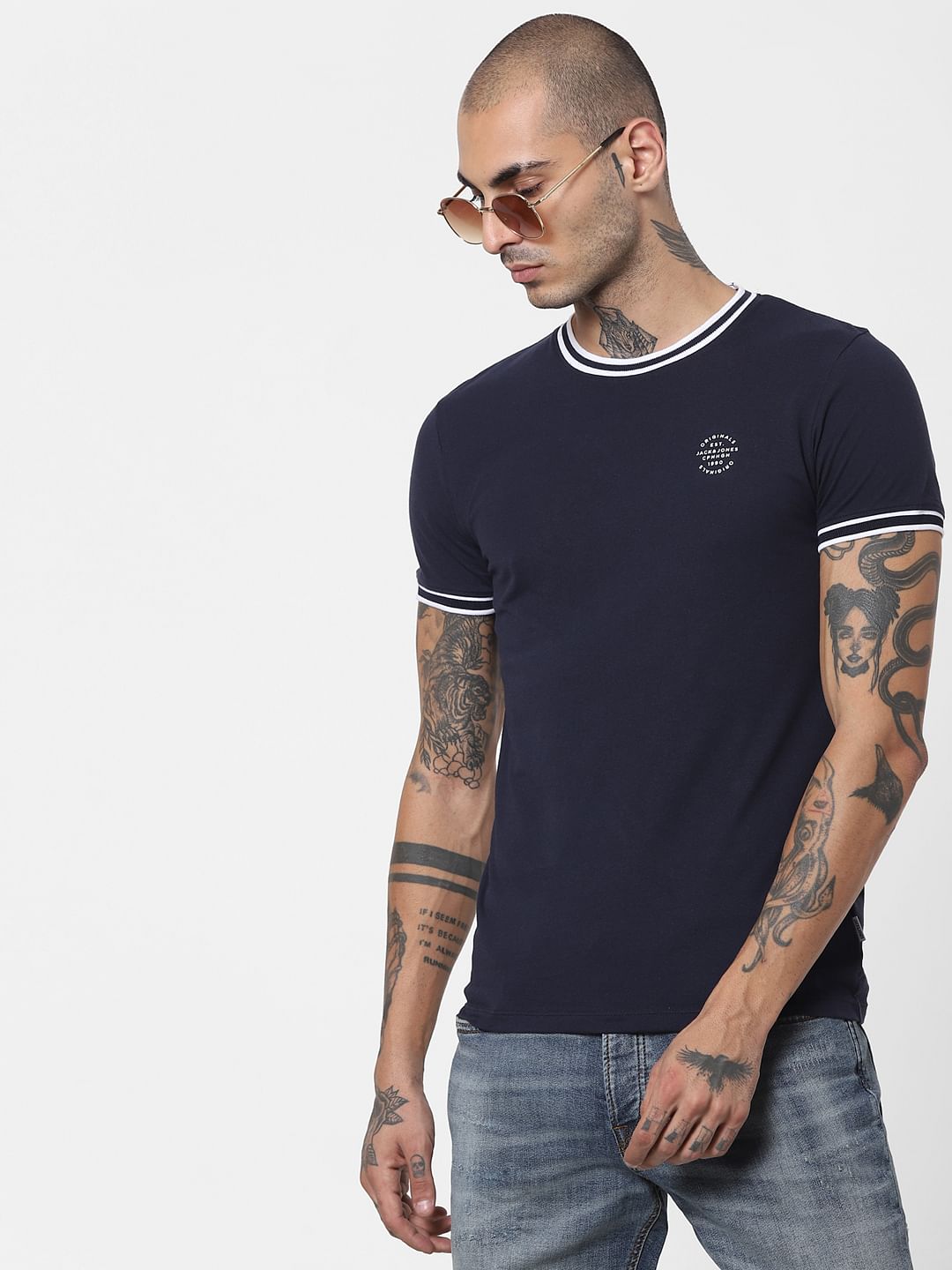 Navy Blue Contrast Tipping Crew Neck T-shirt - S