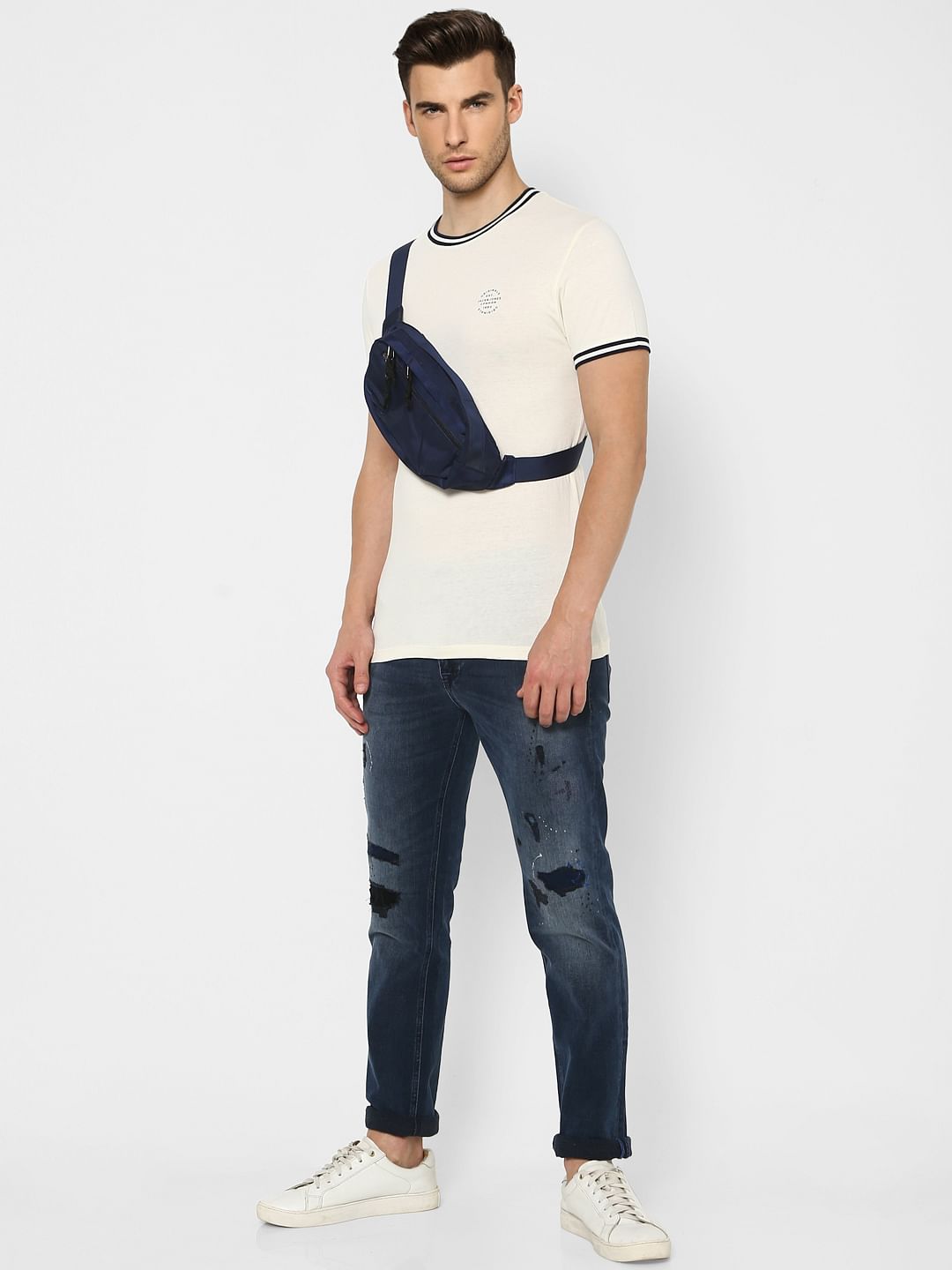 White Contrast Tipping Crew Neck T-shirt - S