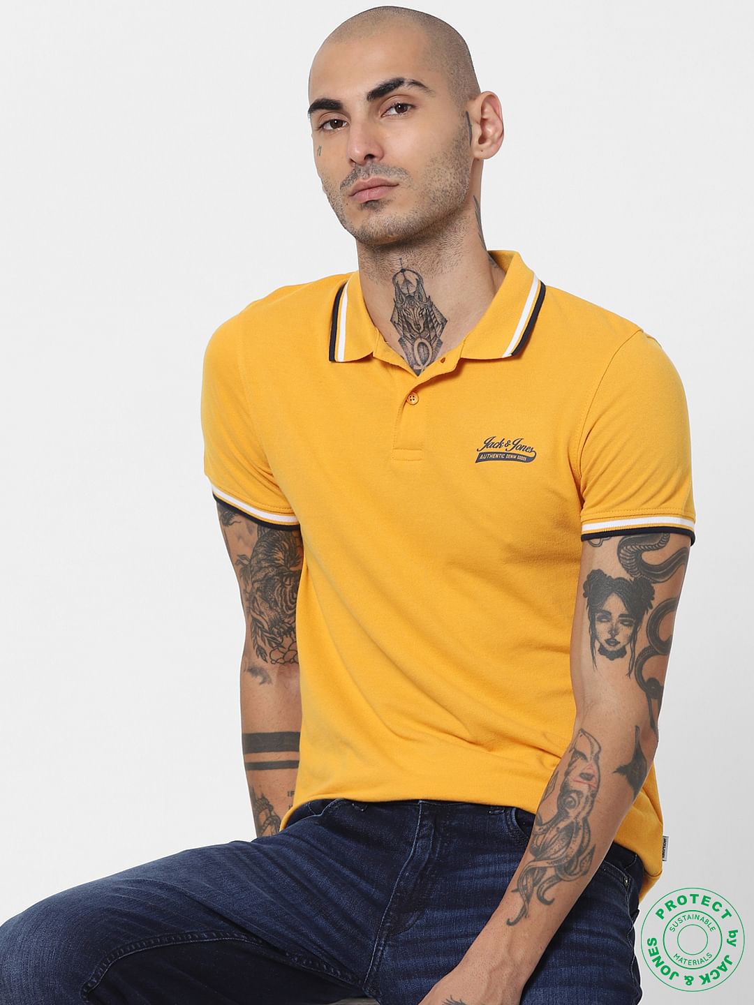 Yellow Contrast Tipping Polo T-shirt - S