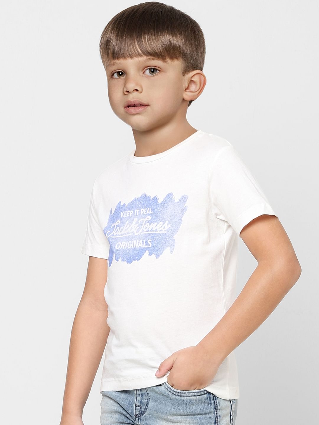 Boys White Logo Print Crew Neck T-shirt
