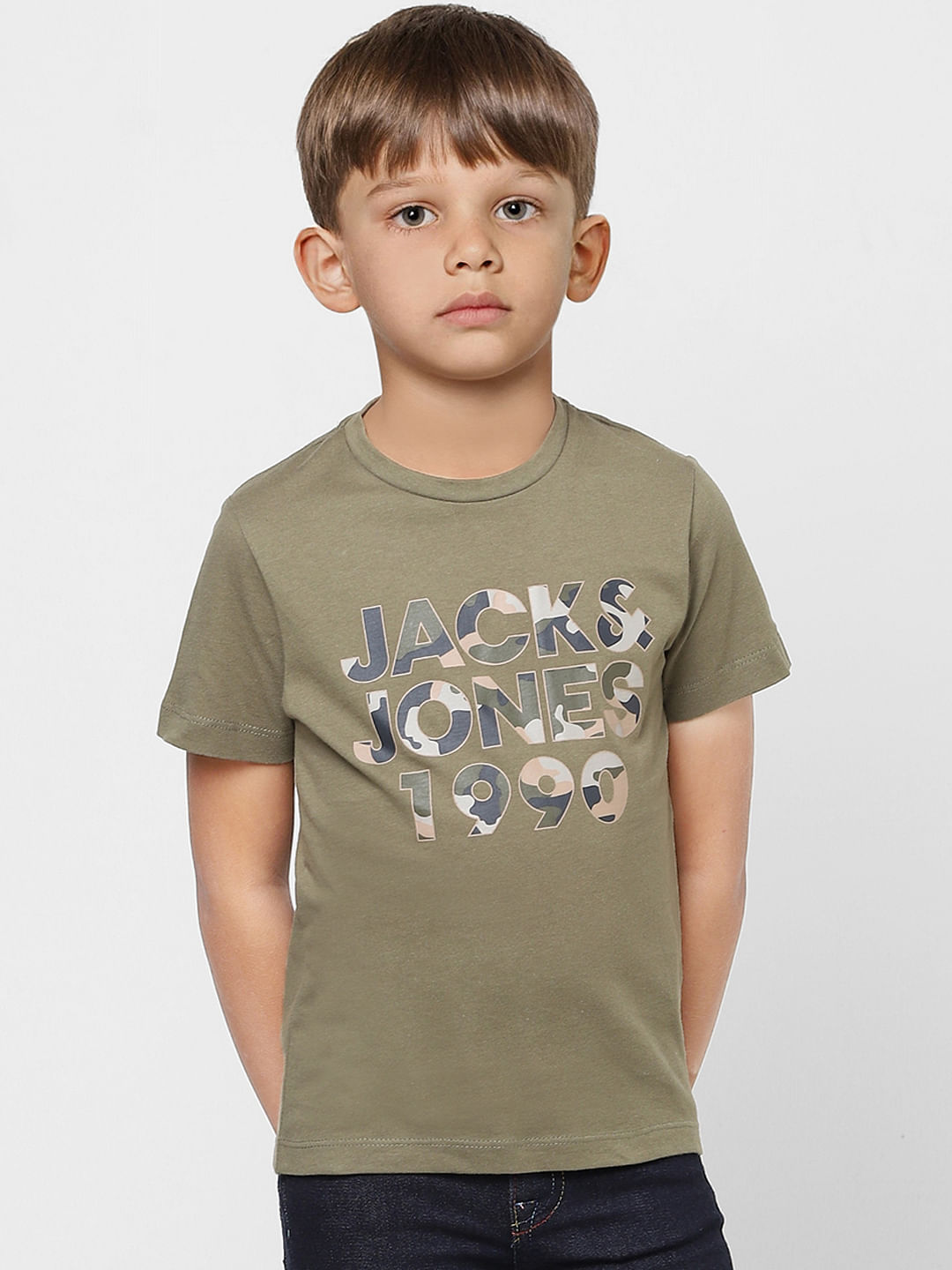 Boys Green Camo Logo Print Crew Neck T-shirt