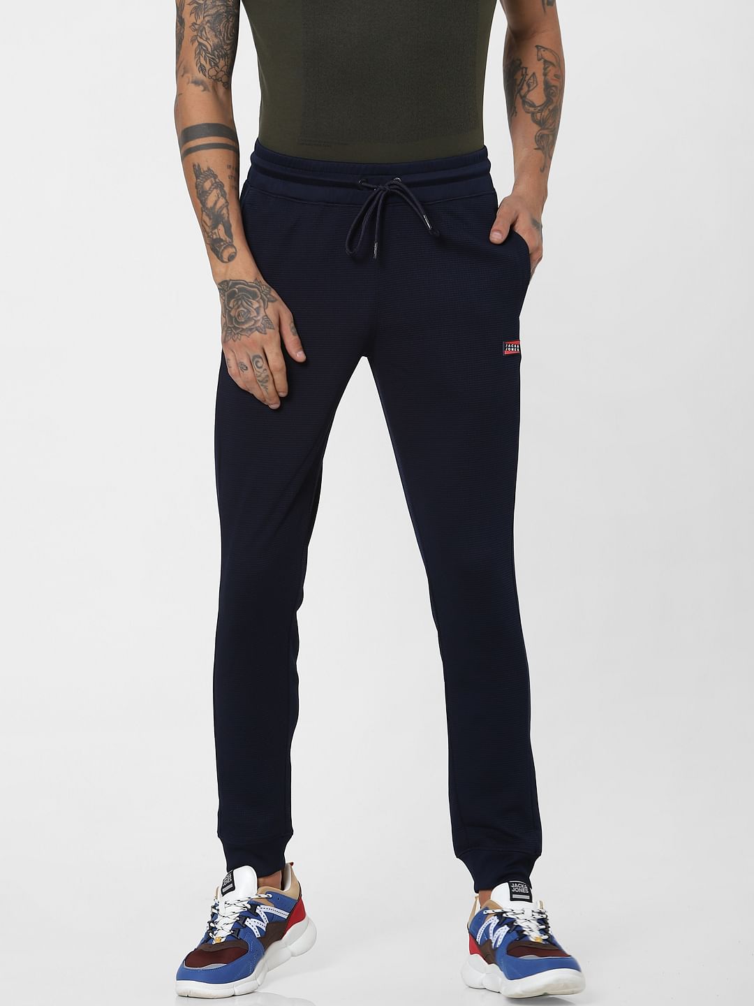 Blue Mid Rise Textured Sweatpants