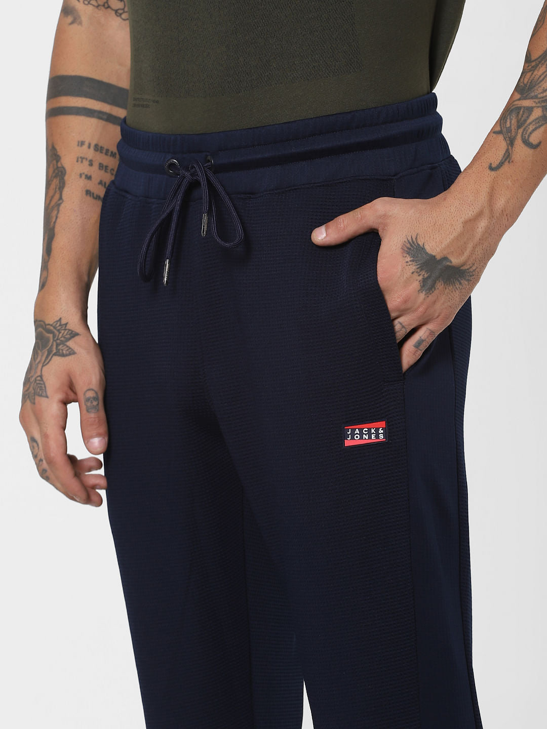 Blue Mid Rise Textured Sweatpants