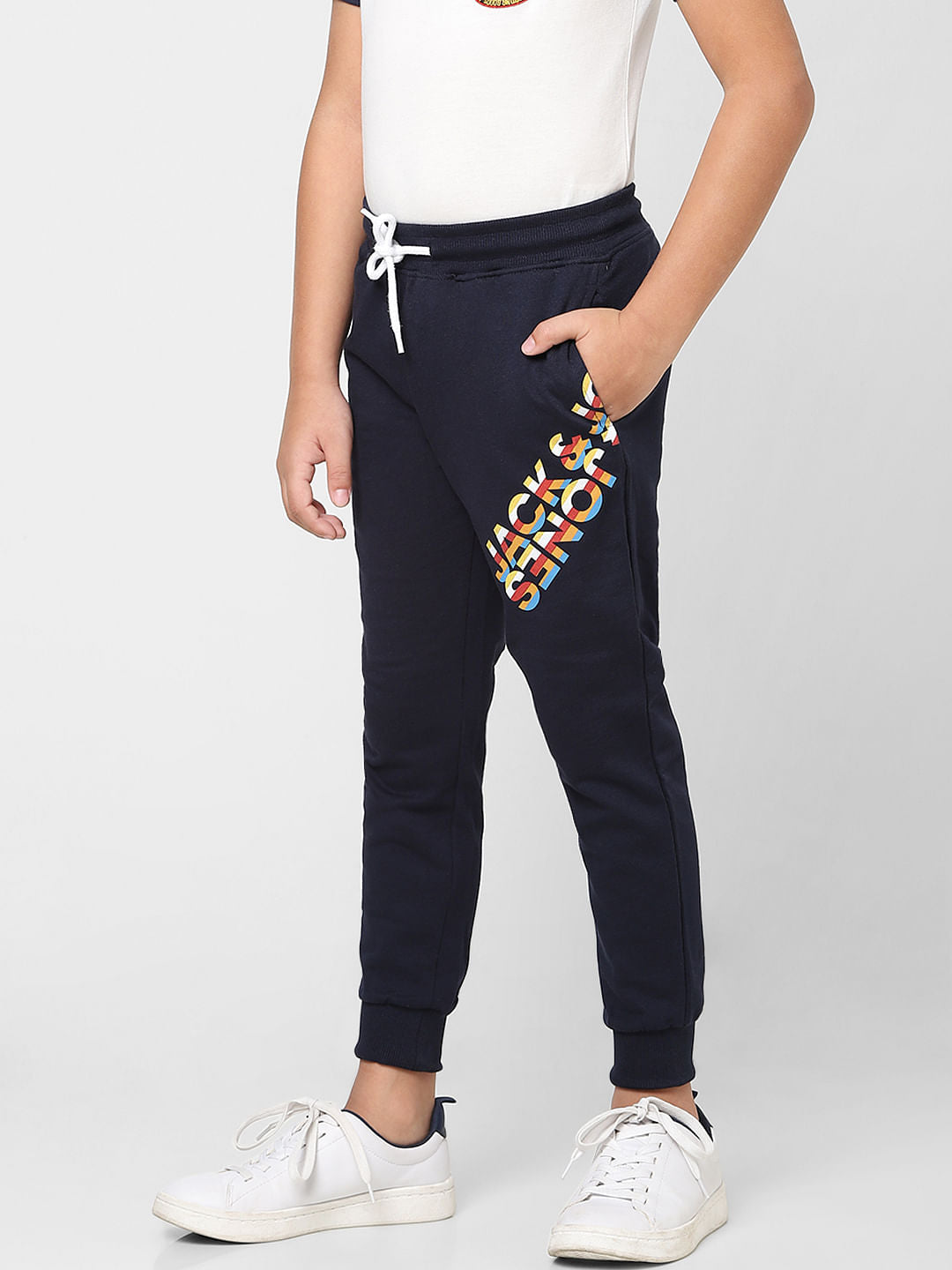 Boys Blue Low Rise Logo Print Sweatpants