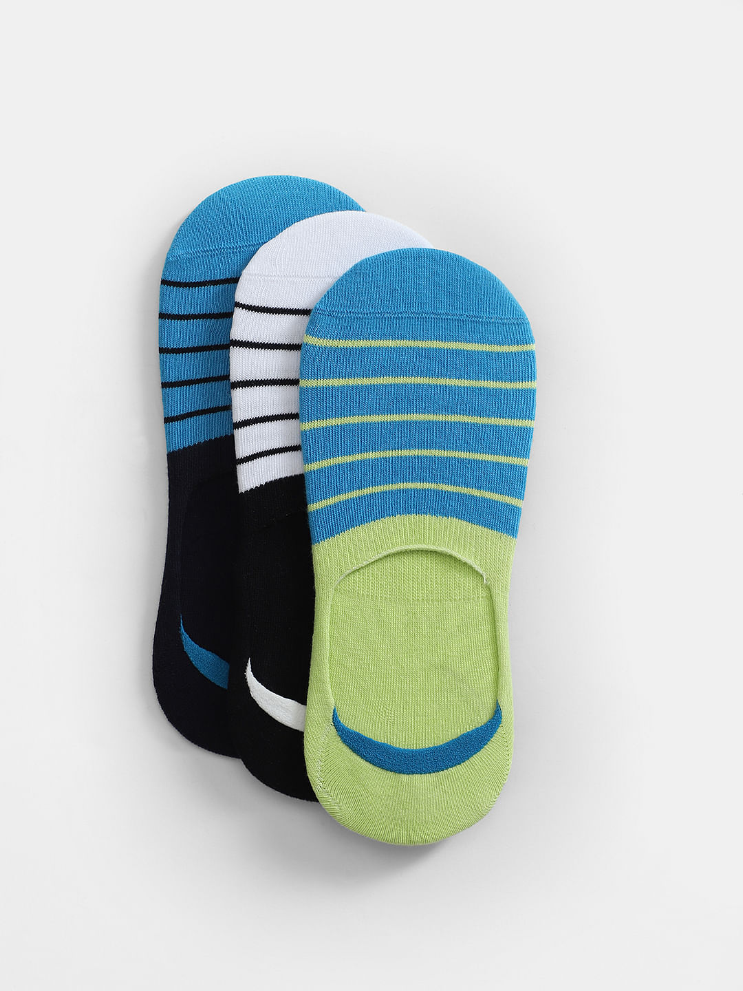 Pack of 3 Striped No-Show Socks - Black, Blue & Green - ONE