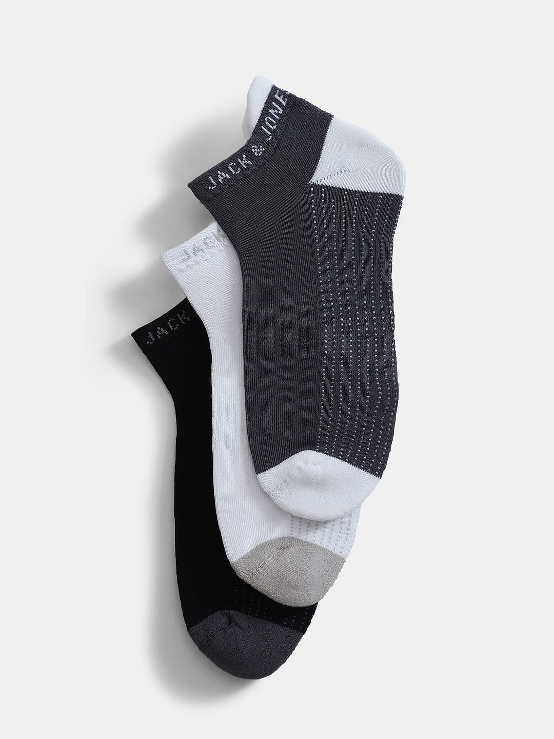 Pack Of 3 Colourblocked Ankle Length Socks - Black, White & Grey - ONE