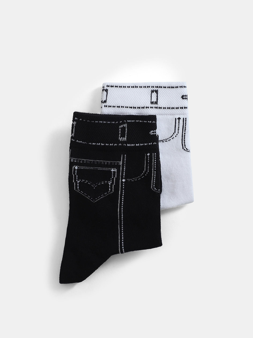 Pack Of 2 Mid-Length Denim Style Socks - Black & White - ONE