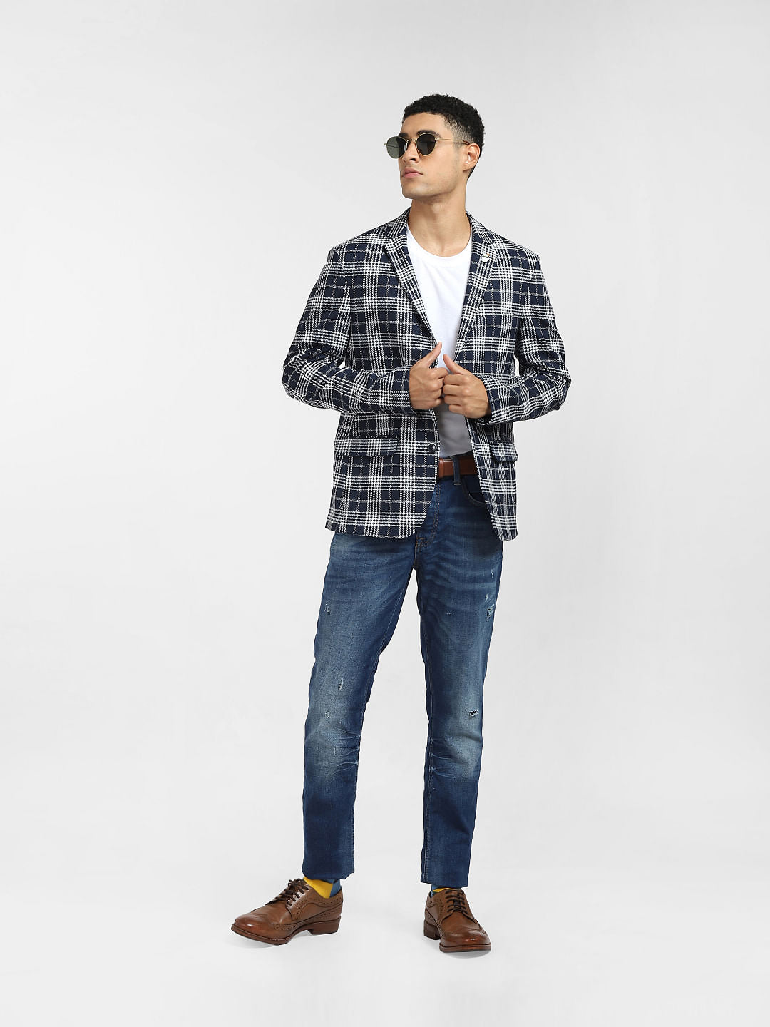 Blue Check Print Blazer - 46