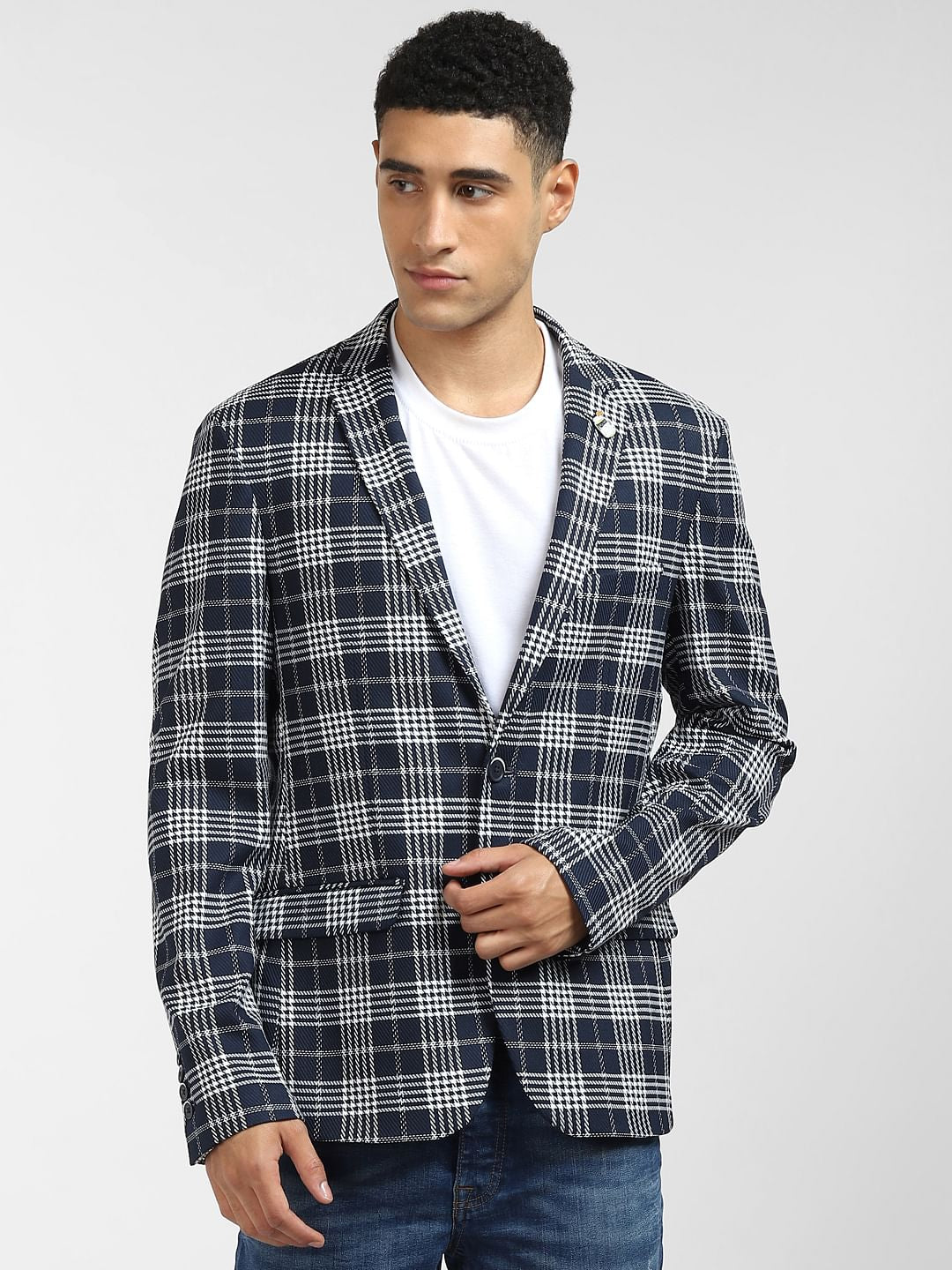 Blue Check Print Blazer