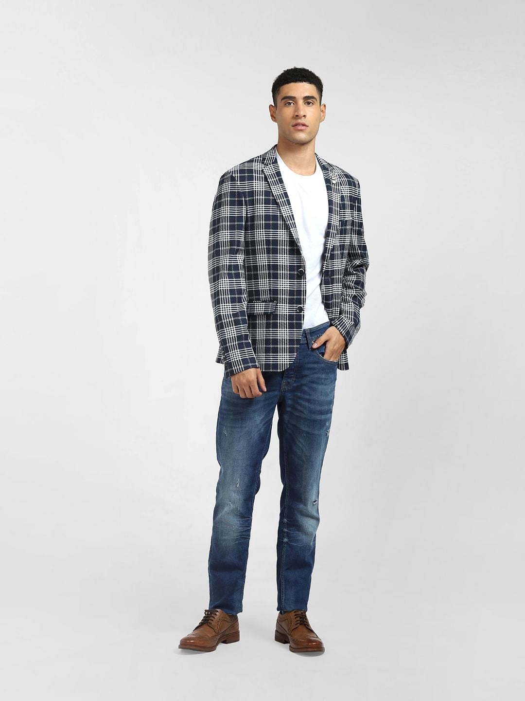 Blue Check Double Button Blazer