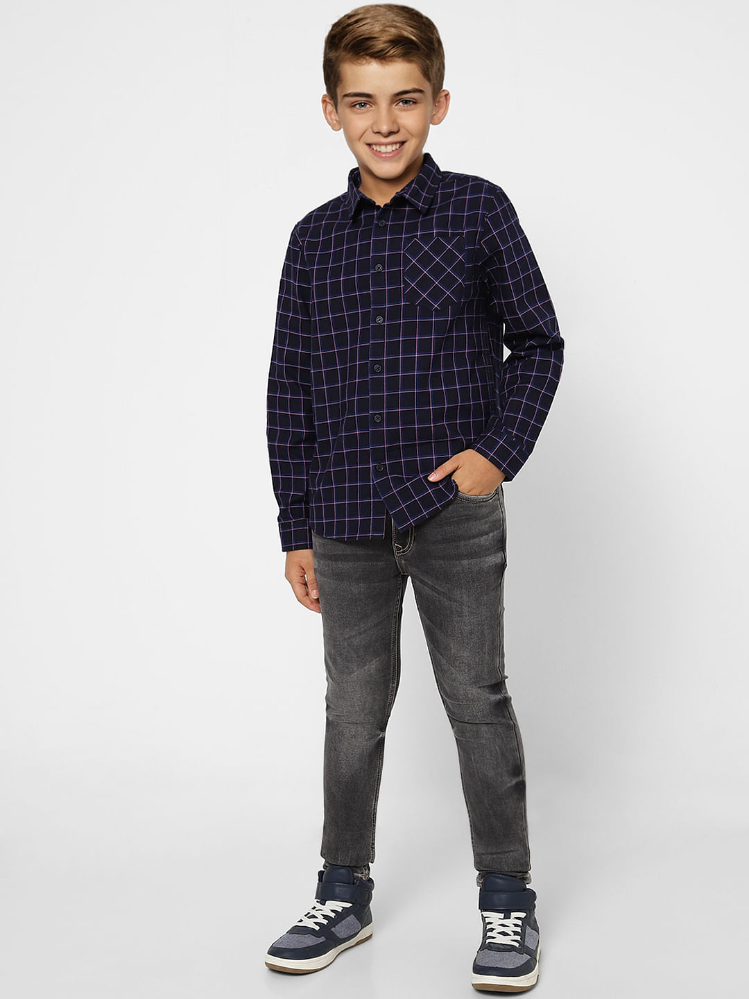 BOYS Navy Blue Check Full Sleeves Shirt - 4/5Y