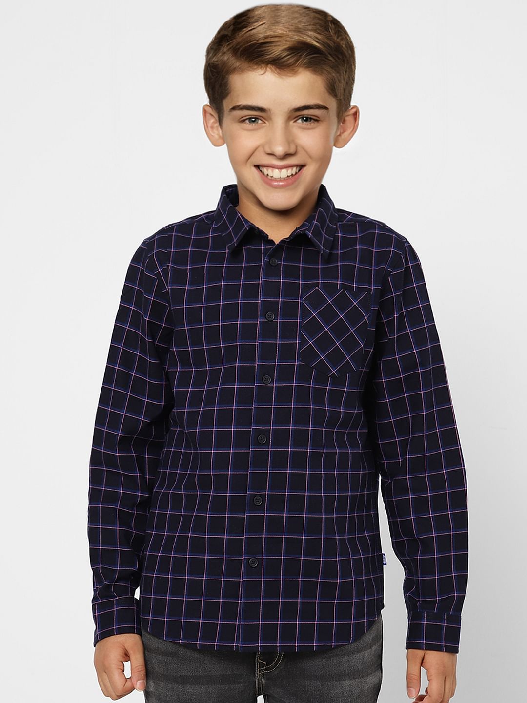 BOYS Navy Blue Check Full Sleeves Shirt