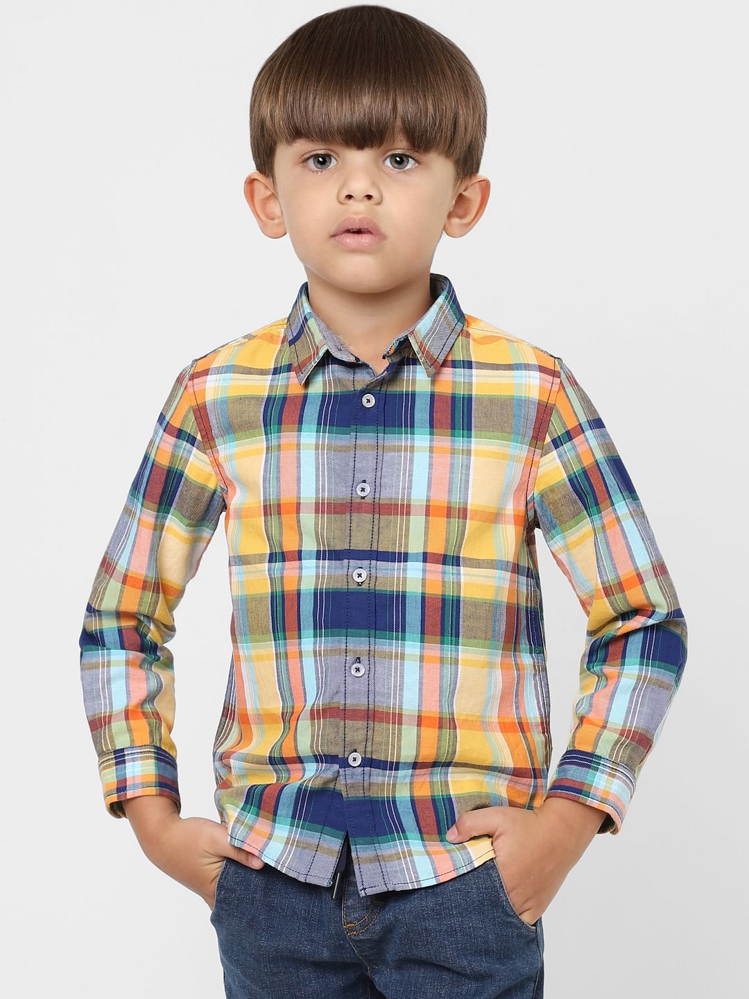 BOYS Orange Check Full Sleeves Shirt - 4/5Y