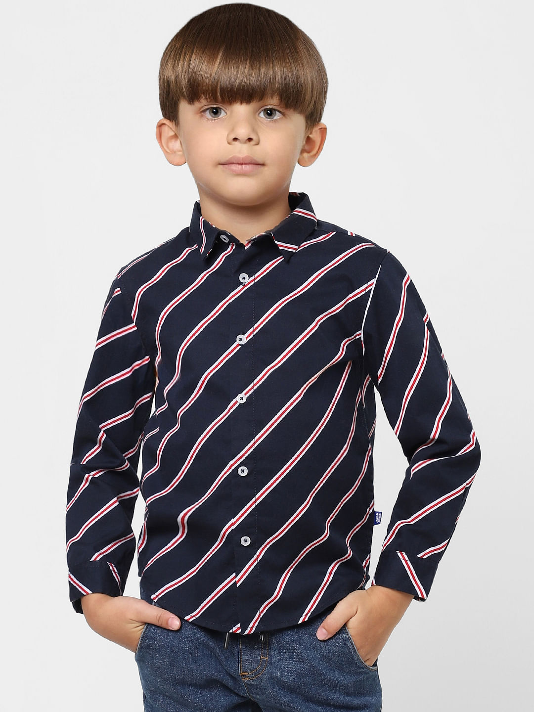 BOYS Navy Blue Striped Full Sleeves Shirt - 4/5Y