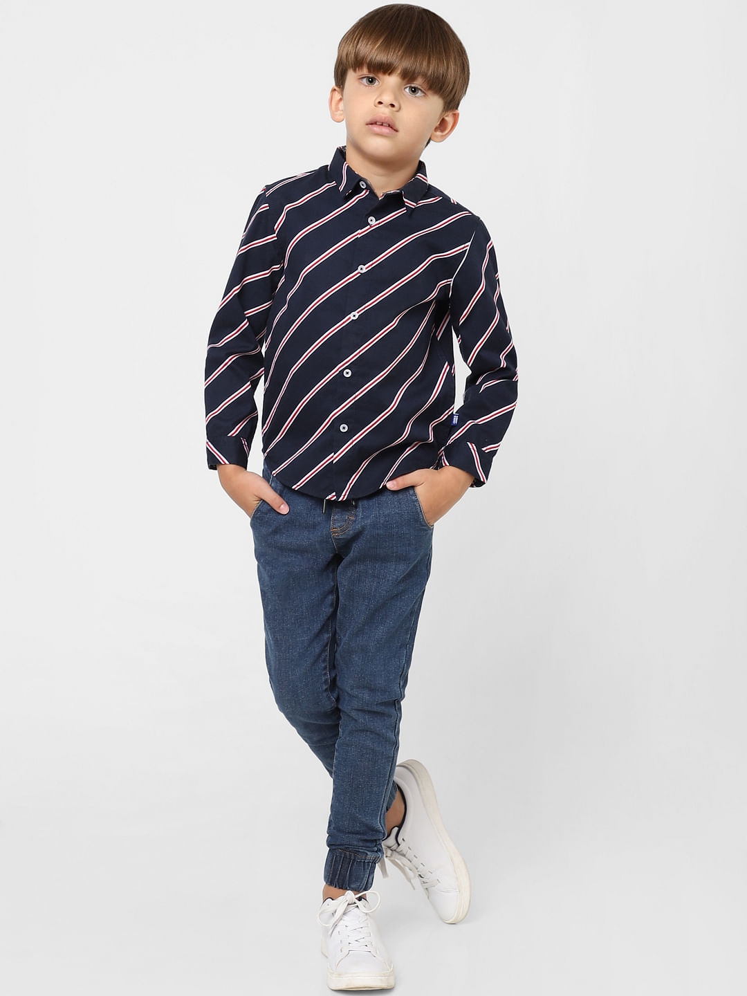 BOYS Navy Blue Striped Full Sleeves Shirt