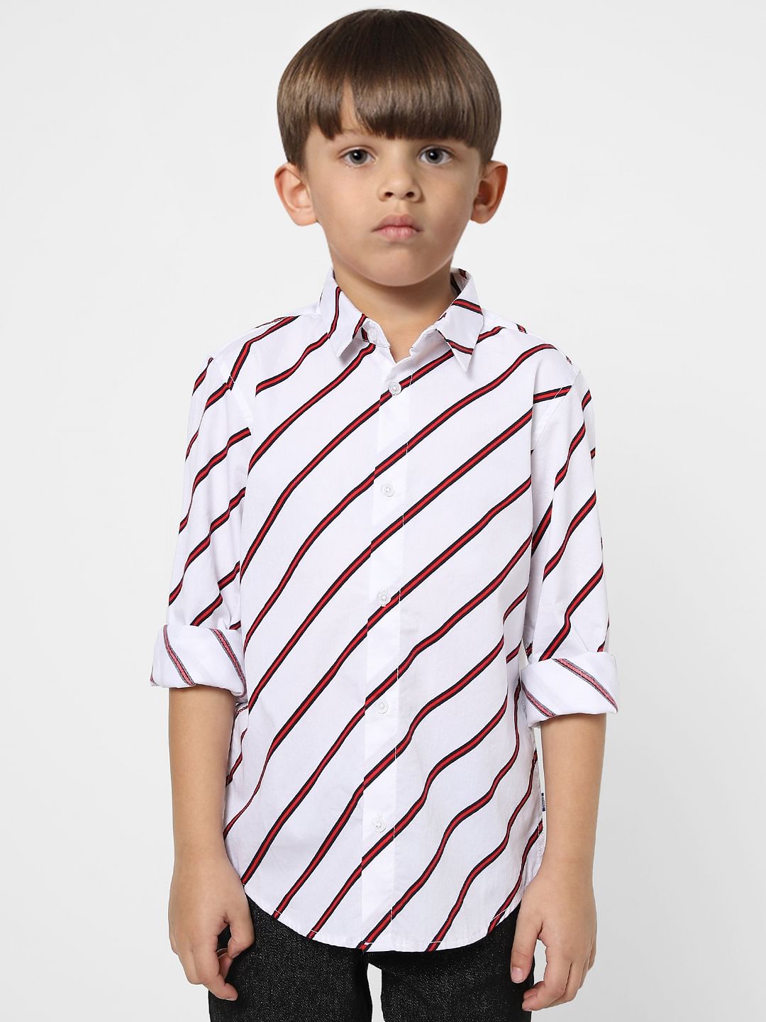Boys White Striped Full Sleeves Shirt - 4/5Y