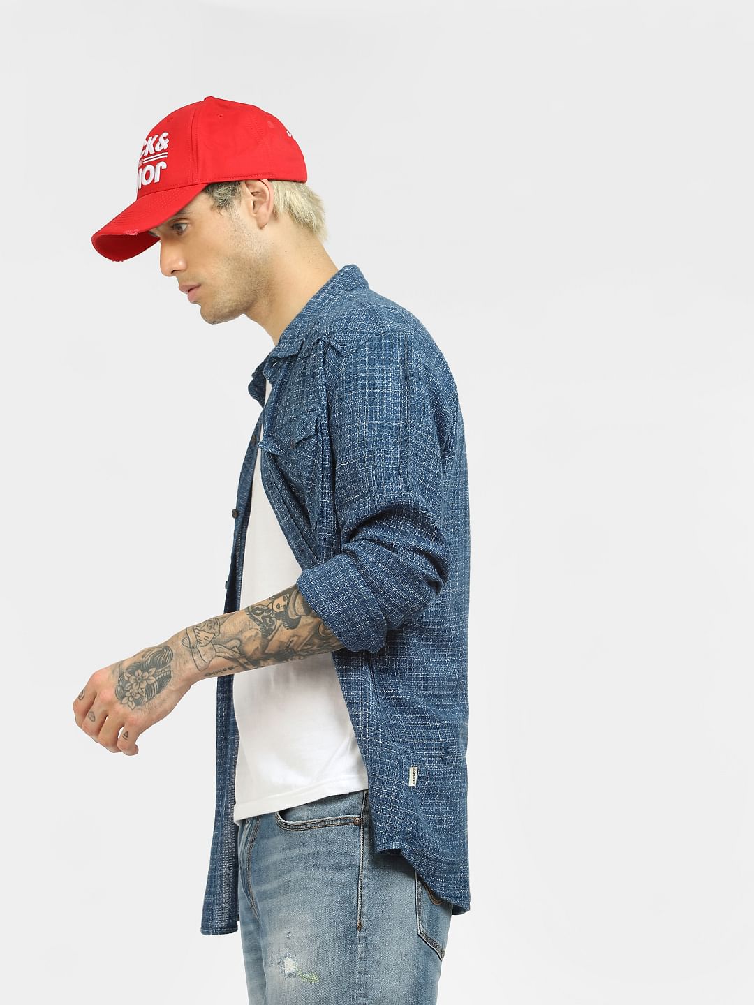Blue Textured Full Sleeves Shirt - S