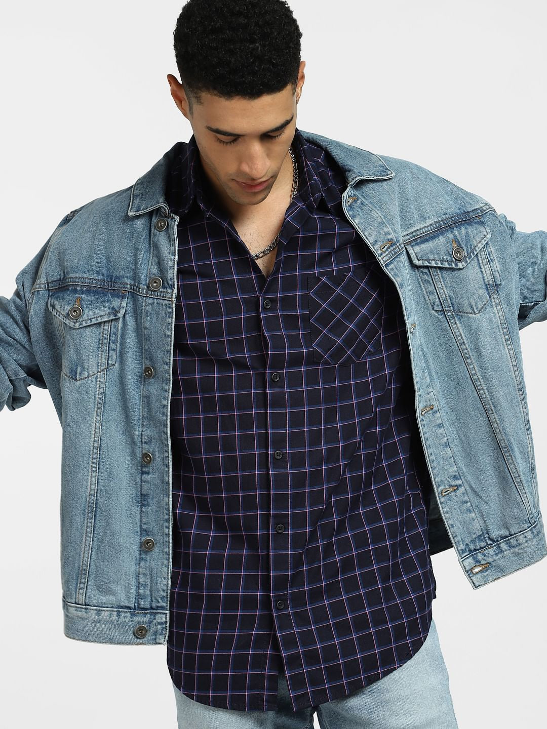 Blue Check Print Full Sleeves Shirt - S
