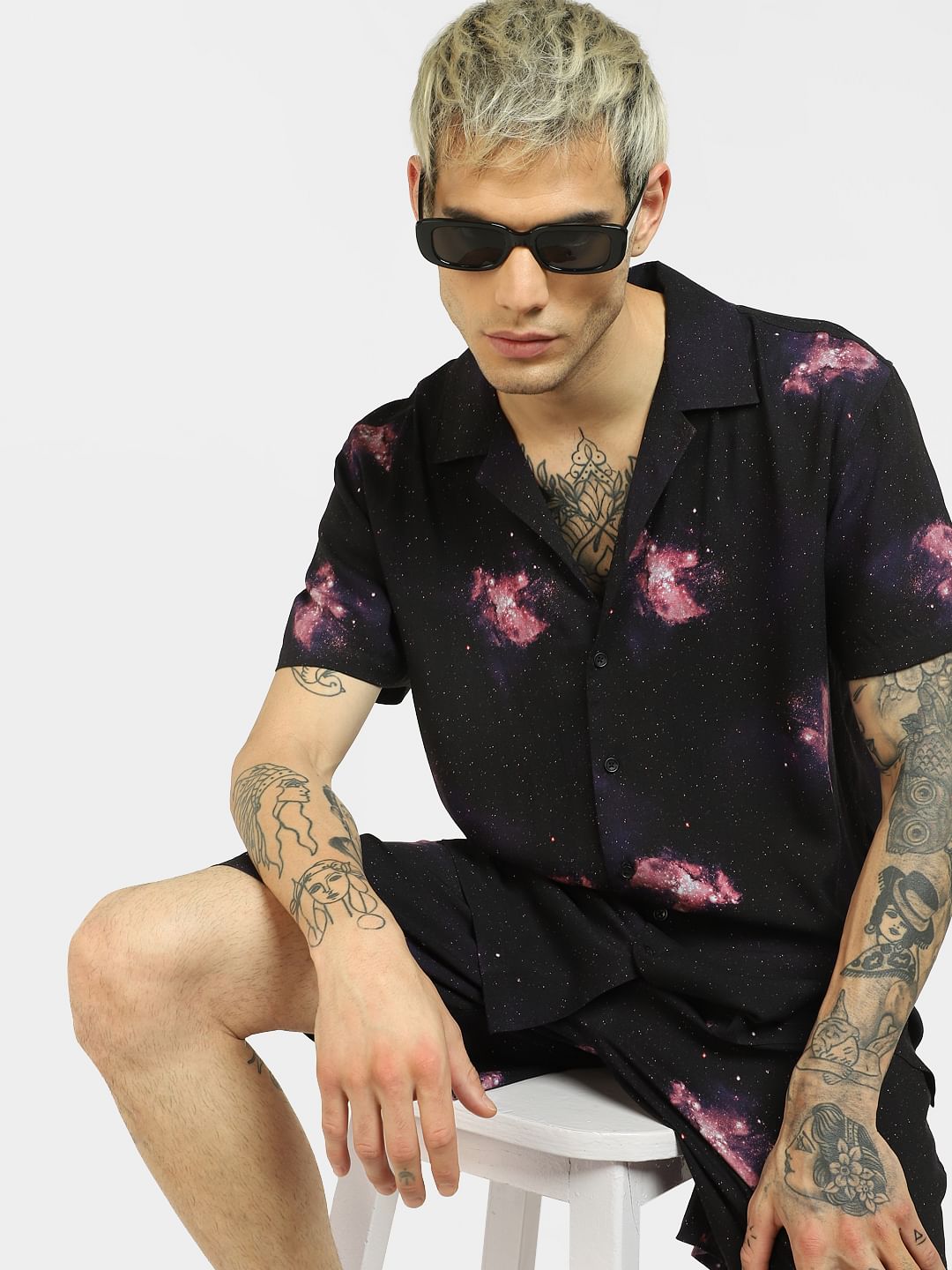 Black Galaxy Print Co-ord Half Sleeves Shirt - S