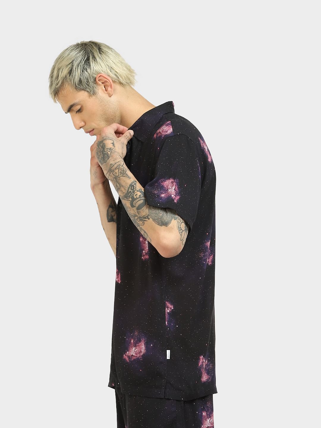 Black Galaxy Print Co-ord Half Sleeves Shirt