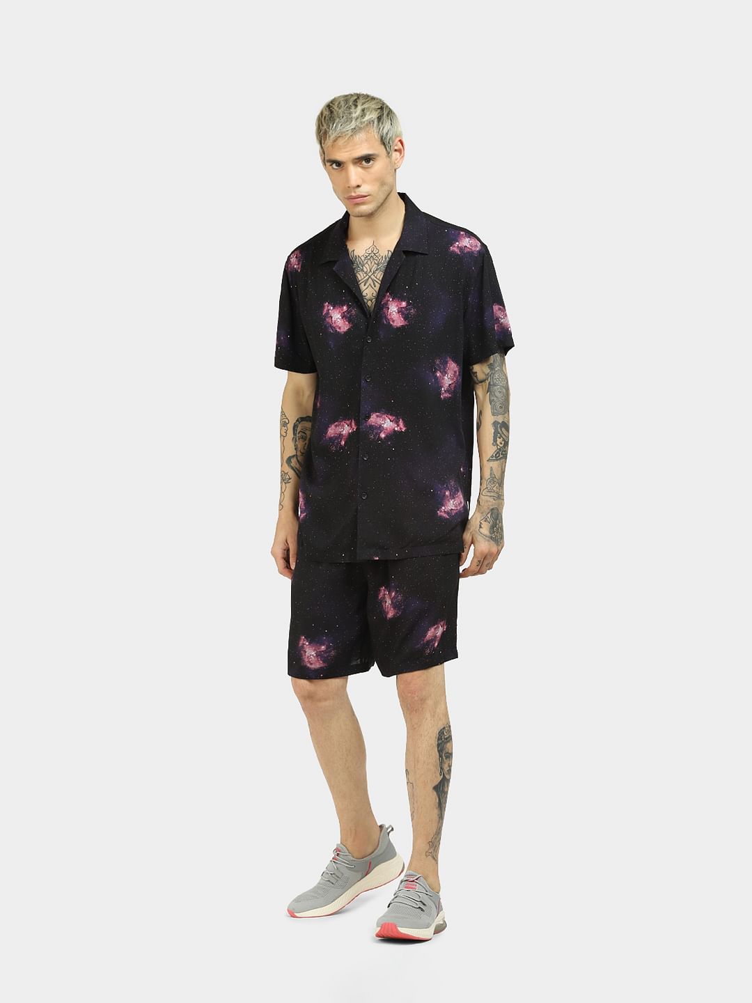 Black Galaxy Print Co-ord Half Sleeves Shirt